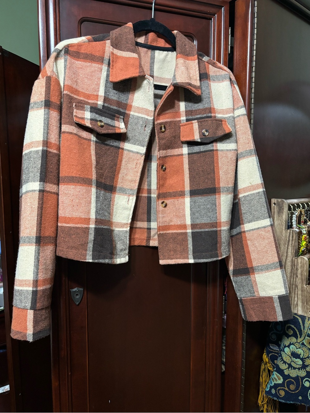 SHEIN Plaid Cropped Jacket in Rust, Cream & Brown